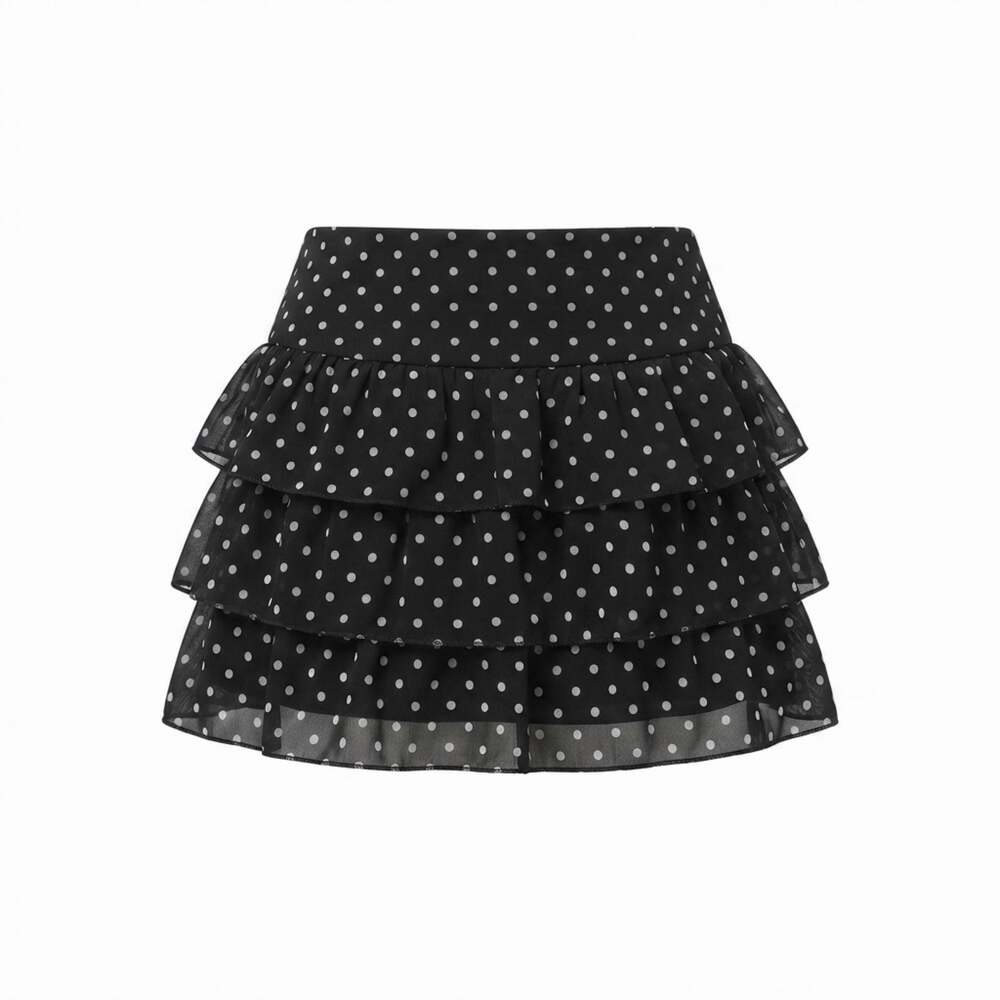 Women's Black Polka Dot Tiered Chiffon Ruffle Mini Skirt